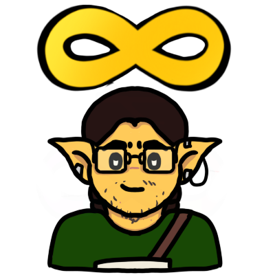 a yellow figure looking up at a gold infinity sign and smiling. they have pointed ears, straight dark brown hair, glasses, and stubble. their smile is lopsided, and they're wearing a dark green tshirt, silver clip-on earrings, and an AAC device with a shoulder strap.